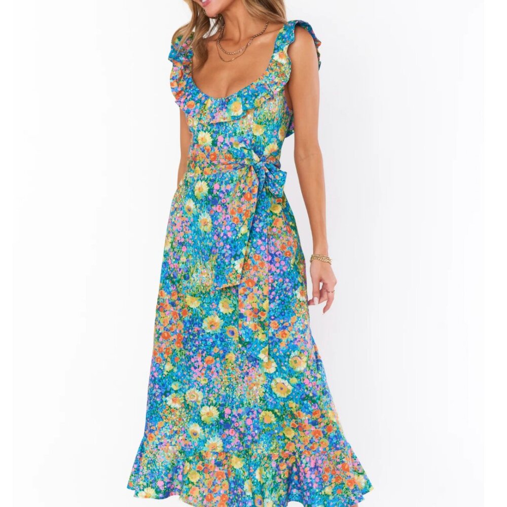 Floral Ruffle Tie-Waist Midi Dress in Teal Blue